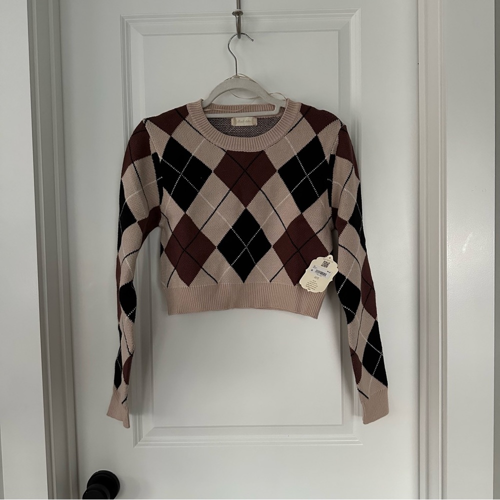 Altar'd State Pink Brown Black Argyle Cropped Sweater